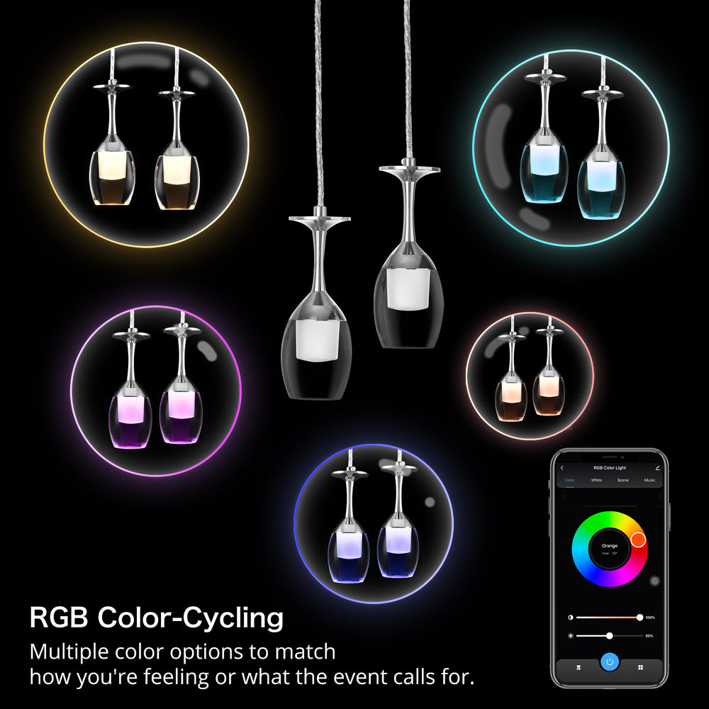 It brings fun light that can be used in every occasion. The pendant light features Wi-Fi apps, Siri Shortcut and Voice control technology (compatible with Amazon Alexa and Google Home Assistant) to set the pendant light dimmable and RGB multicolor. This pendant light can satisfy not only the various color lighting effect settings, but also the more dim color variations that slowly change. The light colors are vivid and bright and dimmable. 
