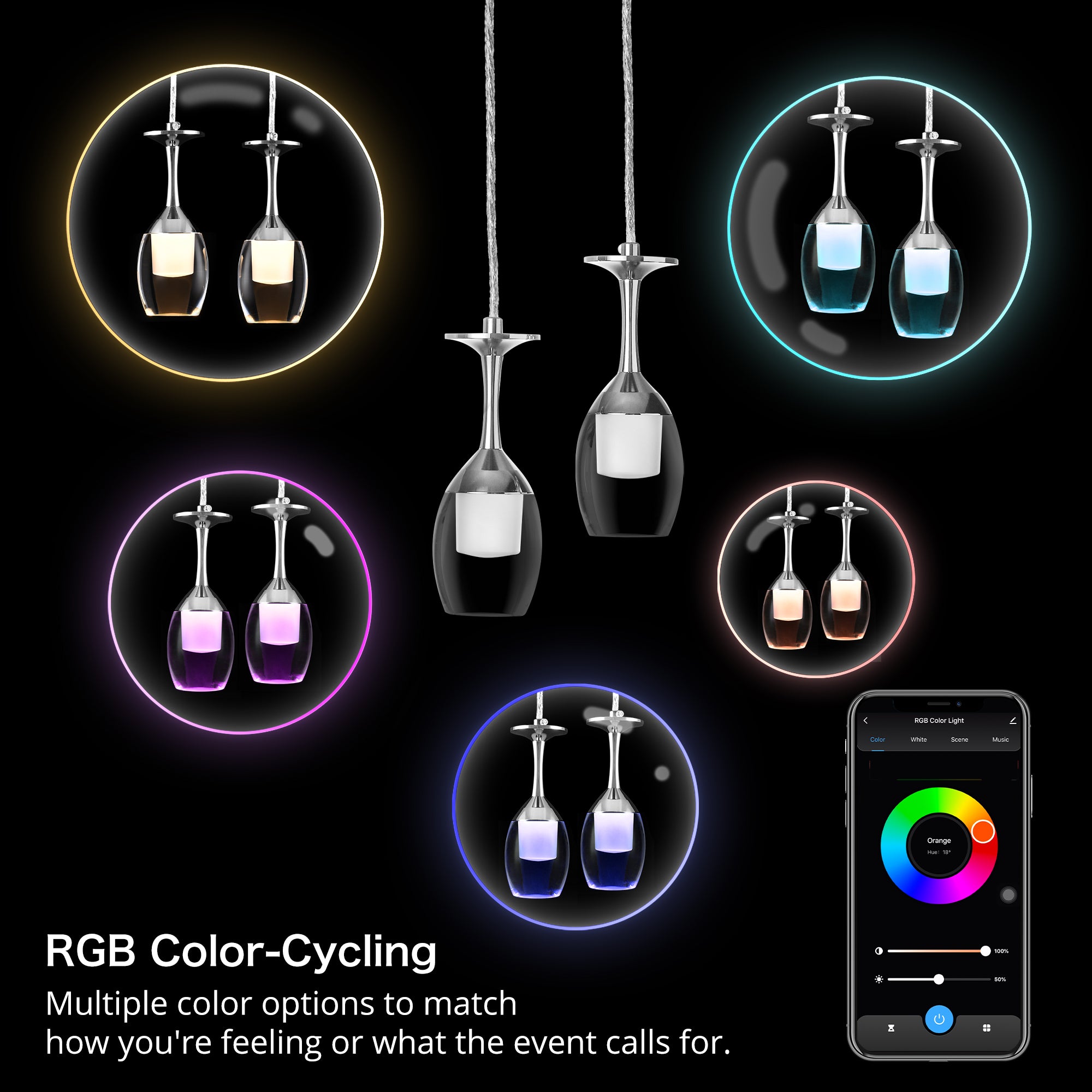 It brings fun light that can be used in every occasion. The pendant light features Wi-Fi apps, Siri Shortcut and Voice control technology (compatible with Amazon Alexa and Google Home Assistant) to set the pendant light dimmable and RGB multicolor. This pendant light can satisfy not only the various color lighting effect settings, but also the more dim color variations that slowly change. The light colors are vivid and bright and dimmable. 