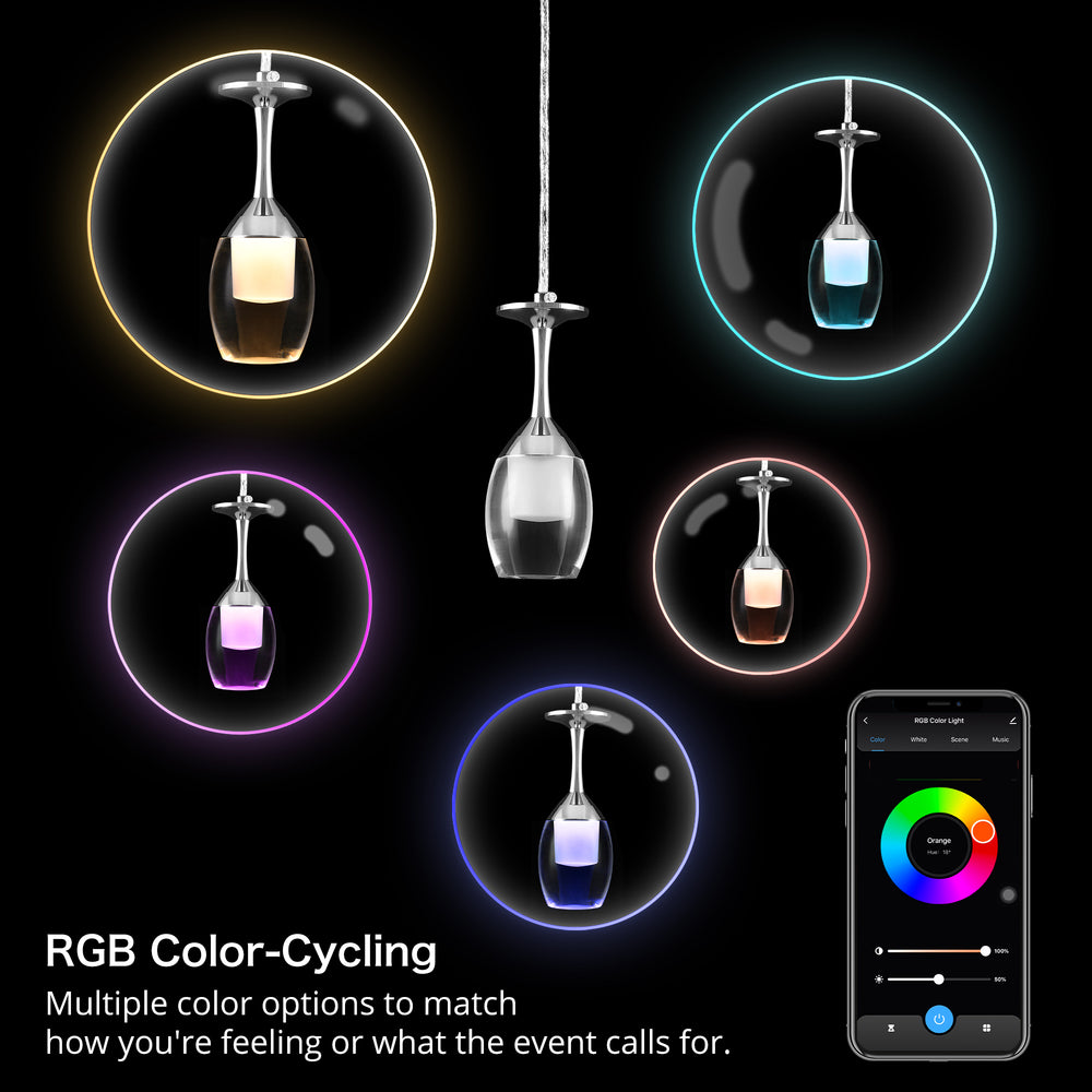 It brings fun light that can be used in every occasion. The pendant light features Wi-Fi apps, Siri Shortcut and Voice control technology (compatible with Amazon Alexa and Google Home Assistant) to set the pendant light dimmable and RGB multicolor. This pendant light can satisfy not only the various color lighting effect settings, but also the more dim color variations that slowly change. The light colors are vivid and bright and dimmable. 