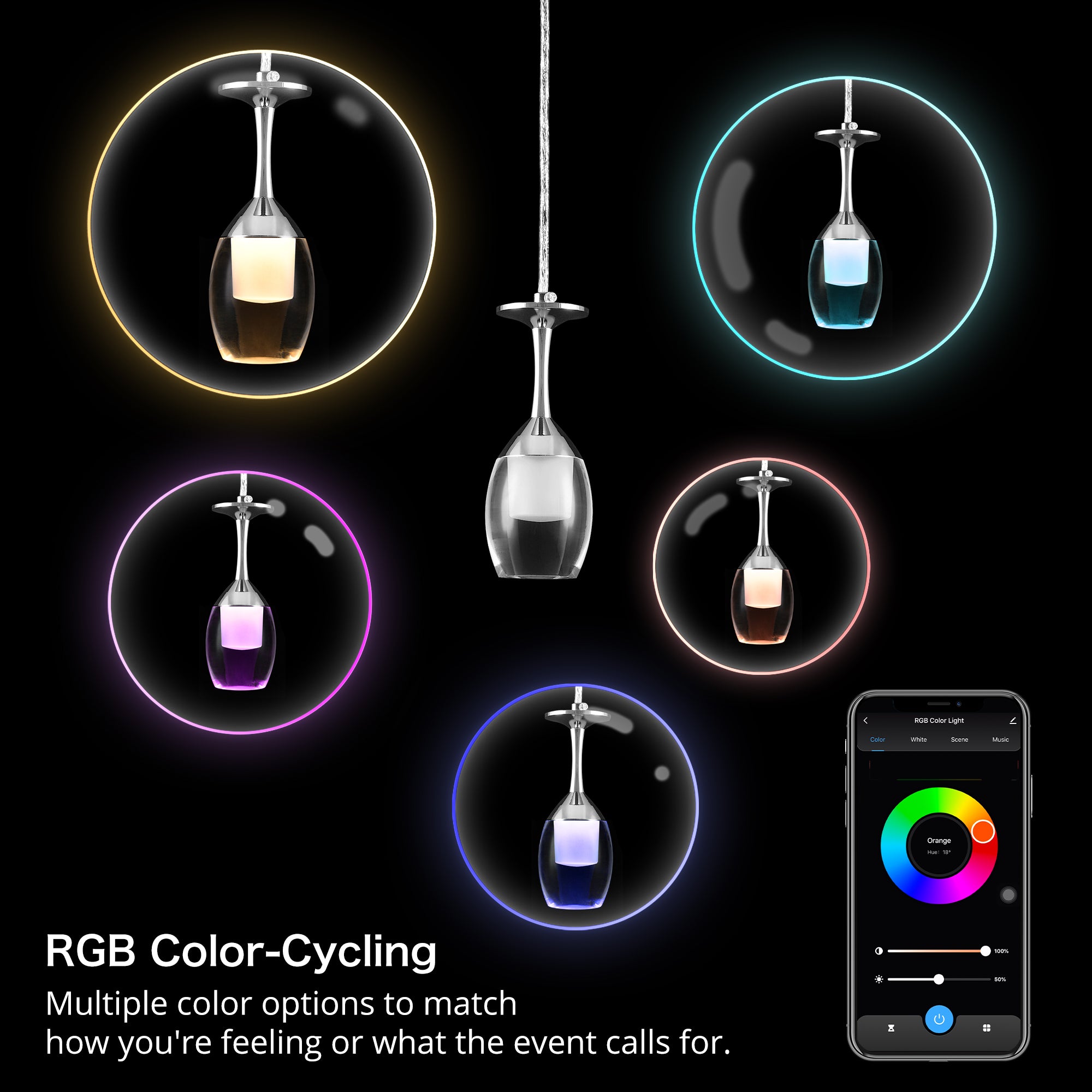 It brings fun light that can be used in every occasion. The pendant light features Wi-Fi apps, Siri Shortcut and Voice control technology (compatible with Amazon Alexa and Google Home Assistant) to set the pendant light dimmable and RGB multicolor. This pendant light can satisfy not only the various color lighting effect settings, but also the more dim color variations that slowly change. The light colors are vivid and bright and dimmable. 