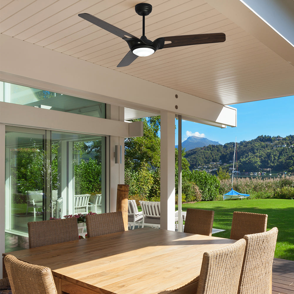 This 56-inch Innovator outdoor ceiling fan features a modern design and an integrated LED light kit. It is totally damp-rated 