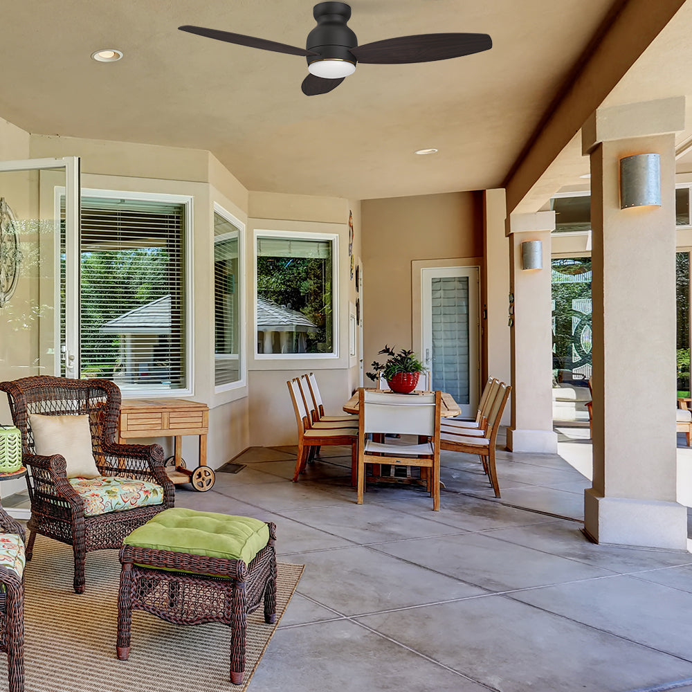 With modern design and a silent DC motor, this Trendsetter 44 inch flush mounted Wi-Fi ceiling fan in wood is a stylish choice for any outdoor space. 