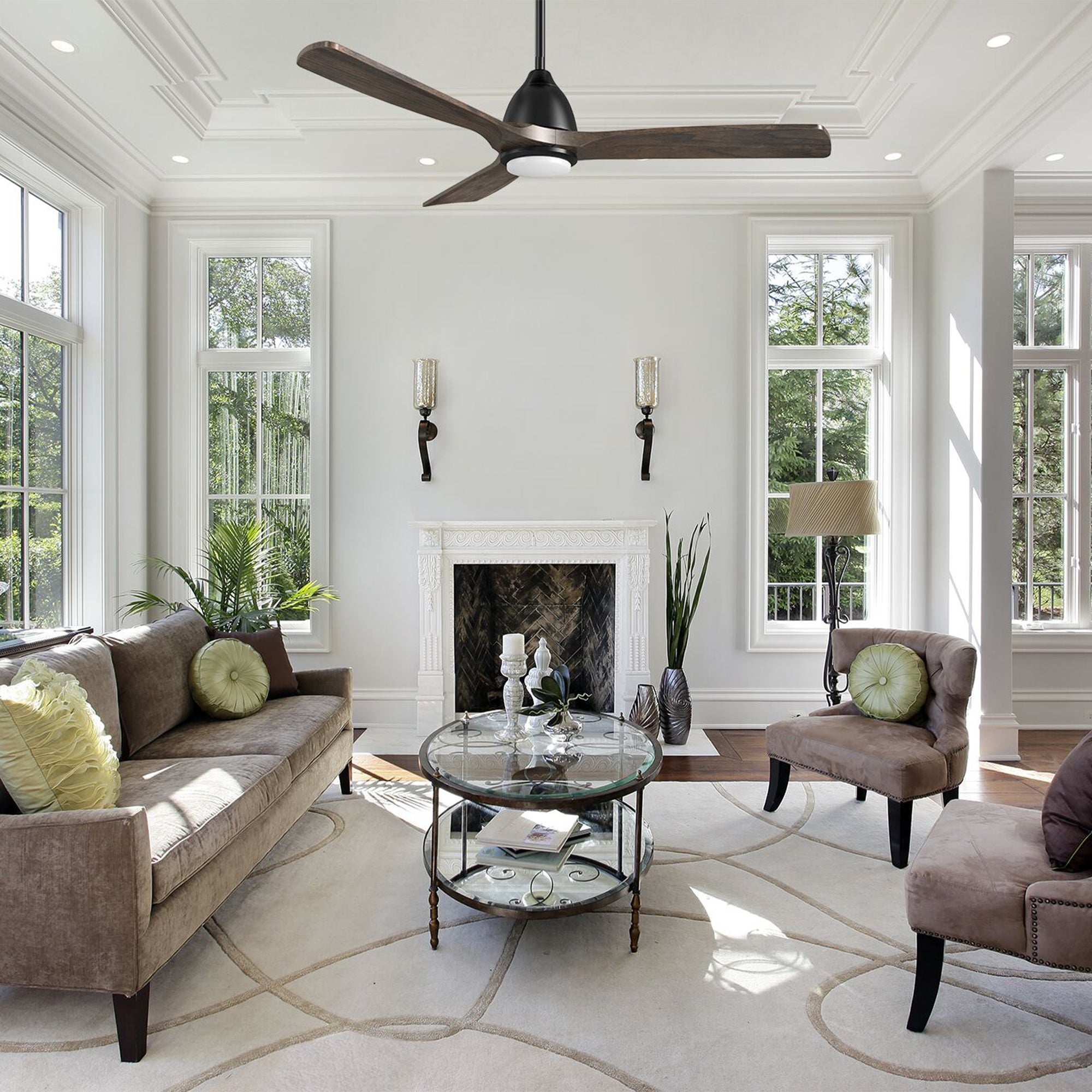 This Sawyer 48'' smart ceiling fan keeps your space cool, bright, and stylish. It is a soft modern masterpiece perfect for your large indoor living spaces. This Wifi smart ceiling fan is a simplicity designing with Black finish, use elegant Solid Wood blades and has an integrated 4000K LED daylight. The fan features Remote control, Wi-Fi apps, Siri Shortcut and Voice control technology (compatible with Amazon Alexa and Google Home Assistant ) to set fan preferences. #color_solid-wood